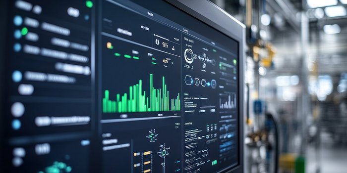 Der Bildschirm zeigt eine Vielzahl von Statistiken und Diagrammen, die wichtige Informationen in einer Fabrikumgebung darstellen.