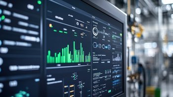 Der Bildschirm zeigt eine Vielzahl von Statistiken und Diagrammen, die wichtige Informationen in einer Fabrikumgebung darstellen.