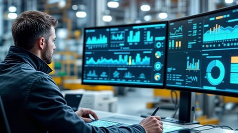 Techniker überwacht Gebäudedaten auf mehreren Bildschirmen zur Analyse und Optimierung von Prozessen