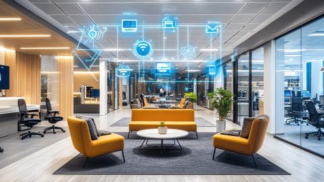 Modernes Büro mit vernetzter Raumautomation zur Steuerung von Licht, Klima und Arbeitsumgebung