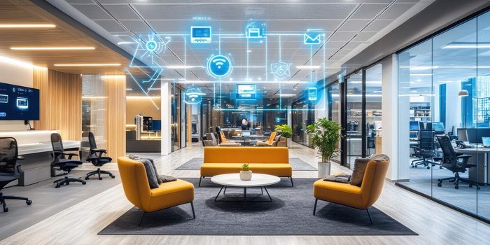 Modernes Büro mit vernetzter Raumautomation zur Steuerung von Licht, Klima und Arbeitsumgebung