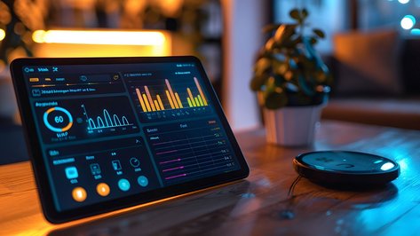 Tablet mit Energiemanagement Dashboard zur Analyse von Stromverbrauch und Energieoptimierung im Gebäude