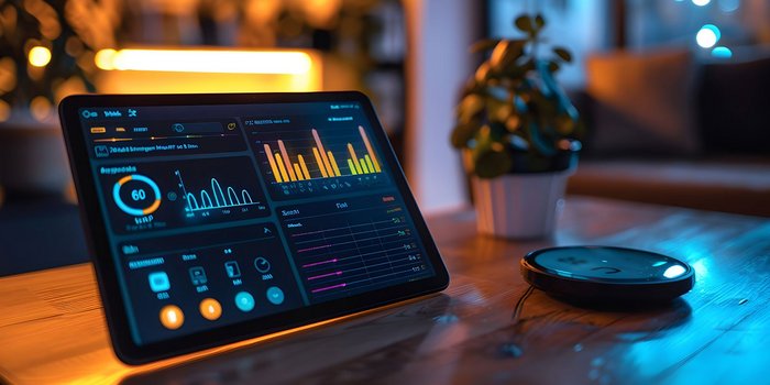 Tablet mit Energiemanagement Dashboard zur Analyse von Stromverbrauch und Energieoptimierung im Gebäude