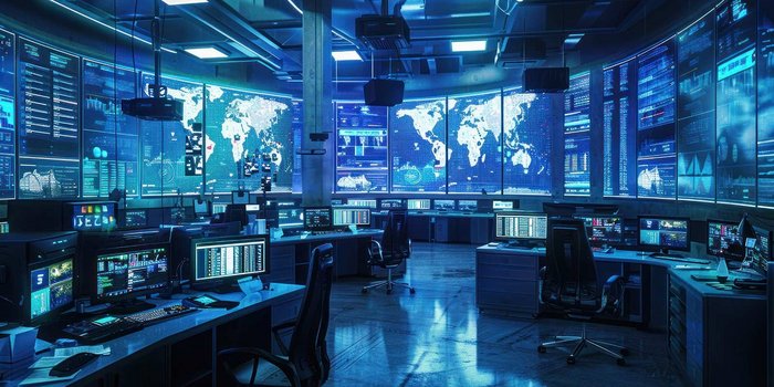 Zentraler Kontrollraum mit digitalen Anzeigen zur Steuerung von Energie, Klima und Gebäudetechnik