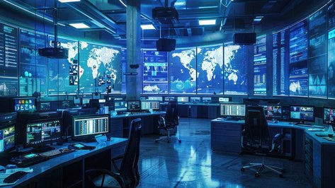 Zentraler Kontrollraum mit digitalen Anzeigen zur Steuerung von Energie, Klima und Gebäudetechnik