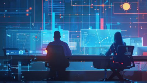 Leitstand mit mehreren Monitoren zur zentralen Steuerung und Überwachung moderner Gebäudeautomation